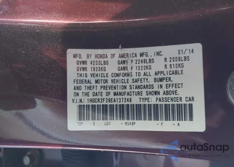 2014 Honda Accord Lx from USA, damaged, VIN 1HGCR2F39EA137246